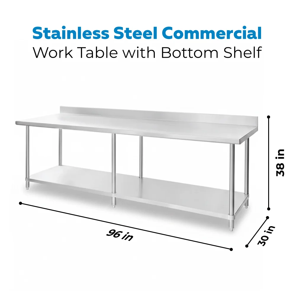 30" x 96" 16-Gauge Commercial Work Table with 4" Backsplash and Undershelf, 304 Stainless Steel
