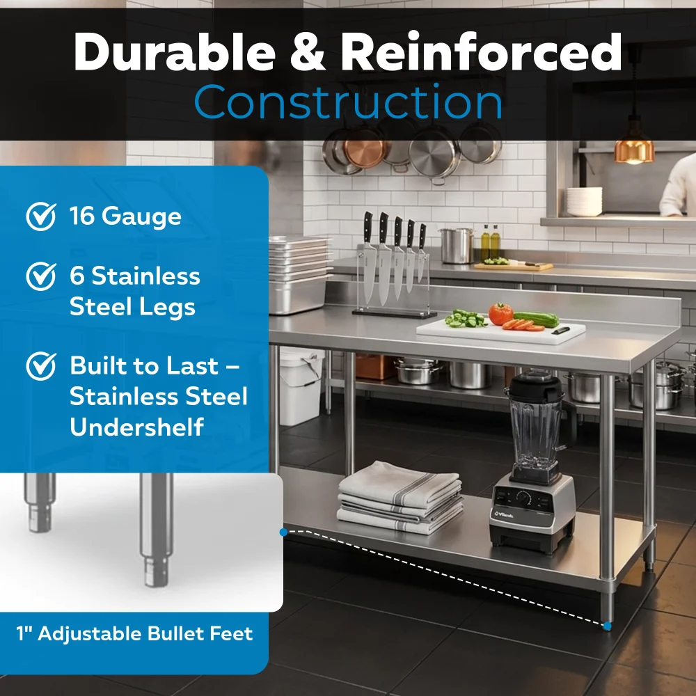 30" x 96" 16-Gauge Commercial Work Table with 4" Backsplash and Undershelf, 304 Stainless Steel