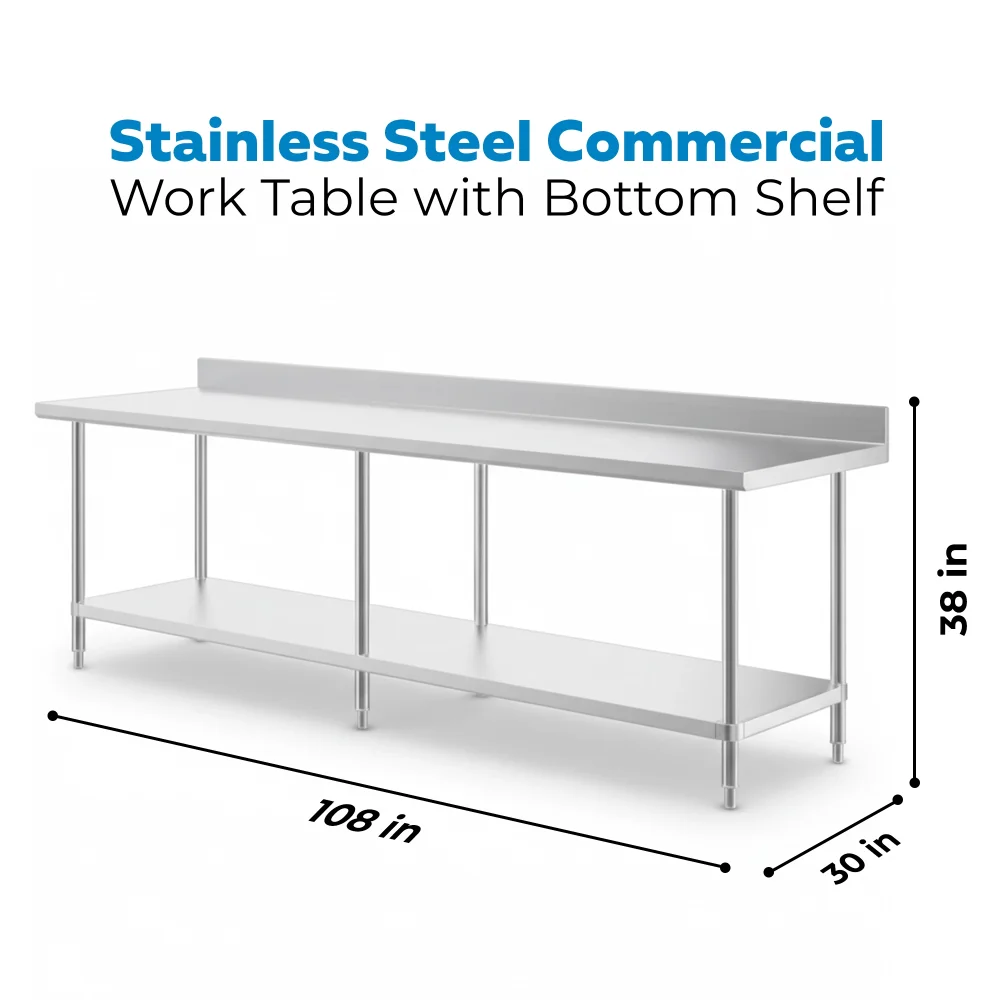 30" x 108" 16-Gauge Commercial Work Table with 4" Backsplash and Undershelf, 304 Stainless Steel
