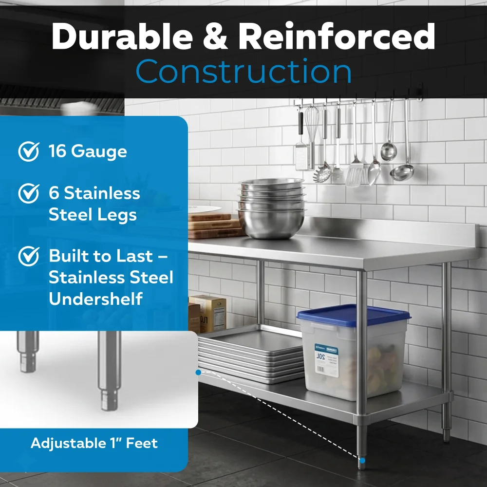 30" x 120" 16-Gauge Commercial Work Table with 4" Backsplash and Undershelf, 304 Stainless Steel