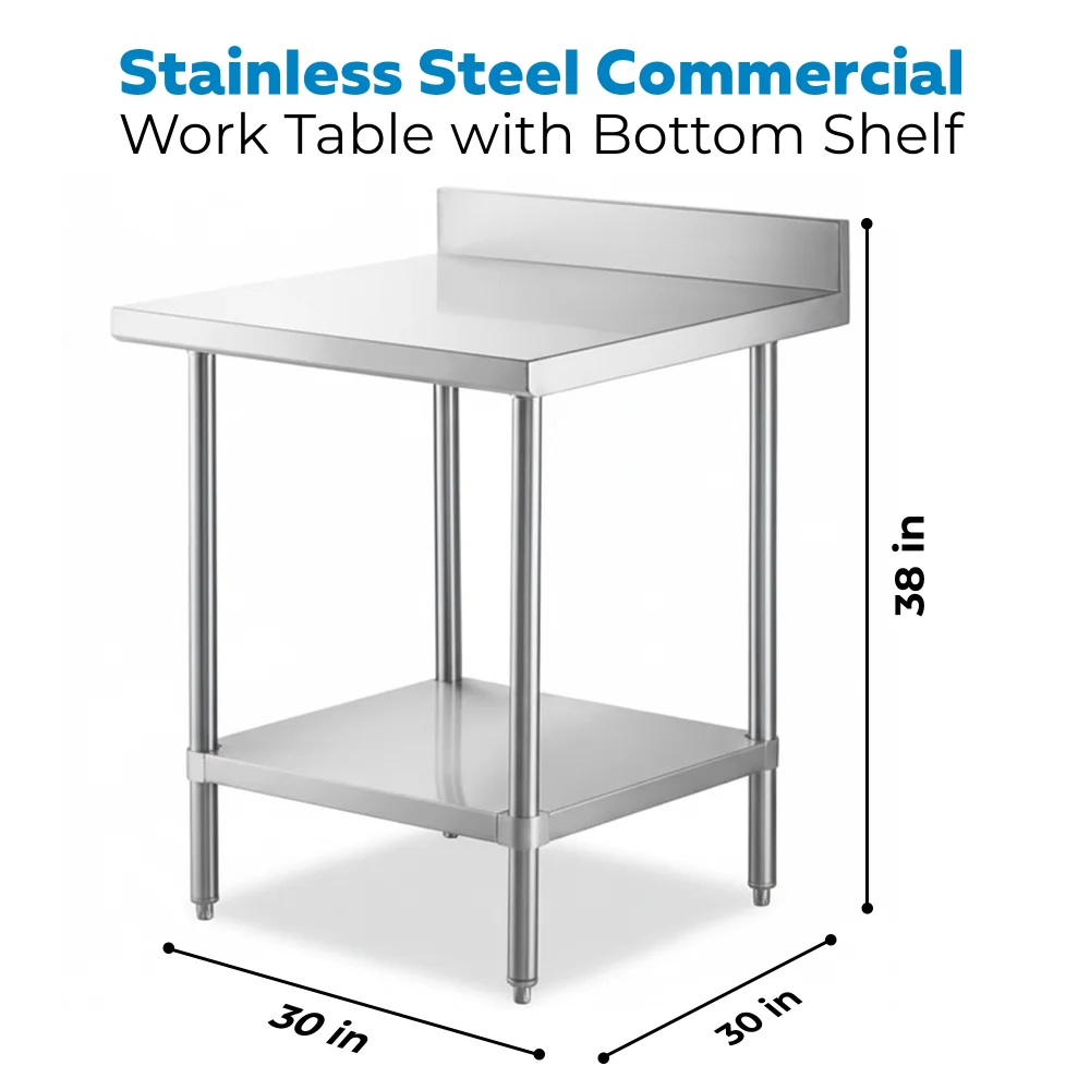 30" x 30" 16-Gauge Commercial Work Table with 4" Backsplash and Undershelf, 304 Stainless Steel