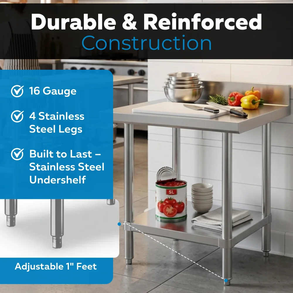 30" x 30" 16-Gauge Commercial Work Table with 4" Backsplash and Undershelf, 304 Stainless Steel