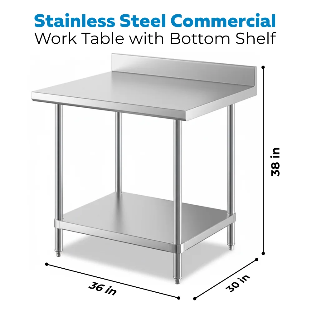 30" x 36" 16-Gauge Commercial Work Table with 4" Backsplash and Undershelf, 304 Stainless Steel