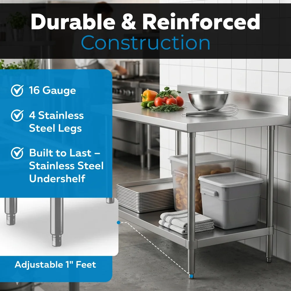 30" x 36" 16-Gauge Commercial Work Table with 4" Backsplash and Undershelf, 304 Stainless Steel