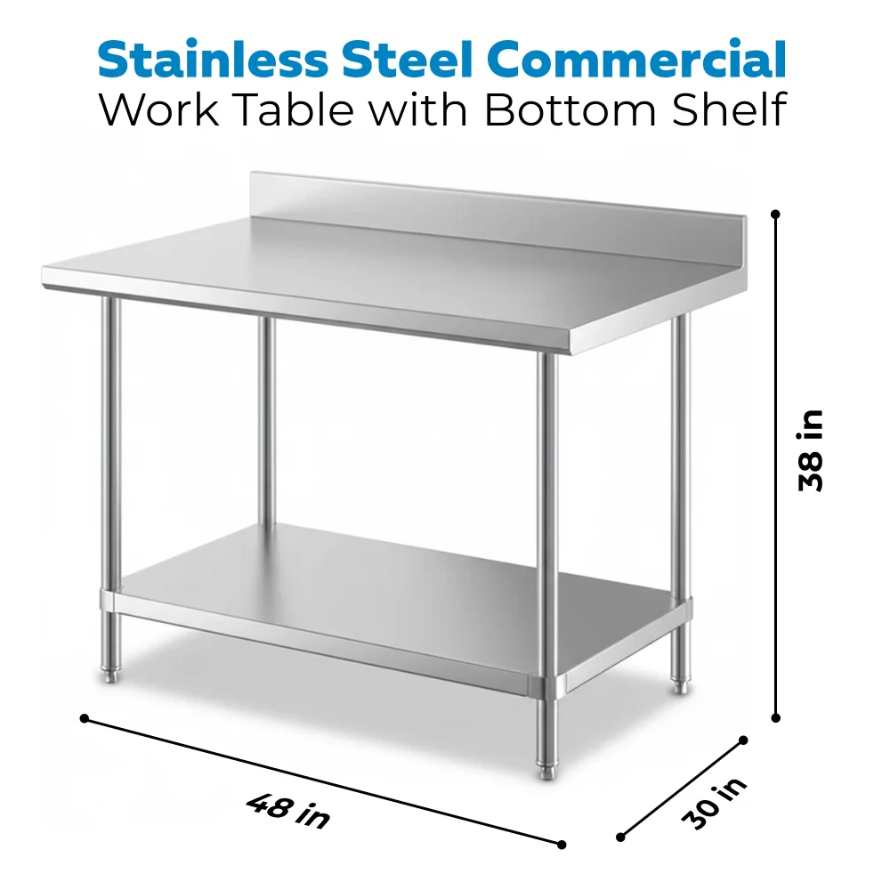 30" x 48" 16-Gauge Commercial Work Table with 4" Backsplash and Undershelf, 304 Stainless Steel