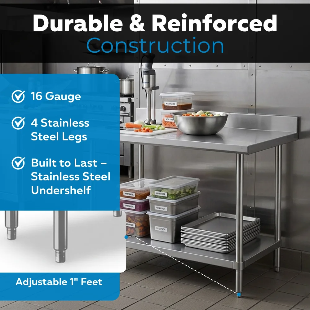 30" x 48" 16-Gauge Commercial Work Table with 4" Backsplash and Undershelf, 304 Stainless Steel