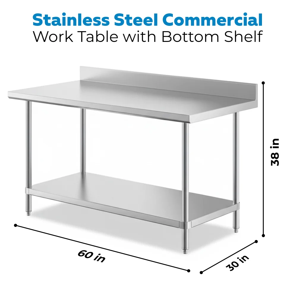 30" x 60" 16-Gauge Commercial Work Table with 4" Backsplash and Undershelf, 304 Stainless Steel