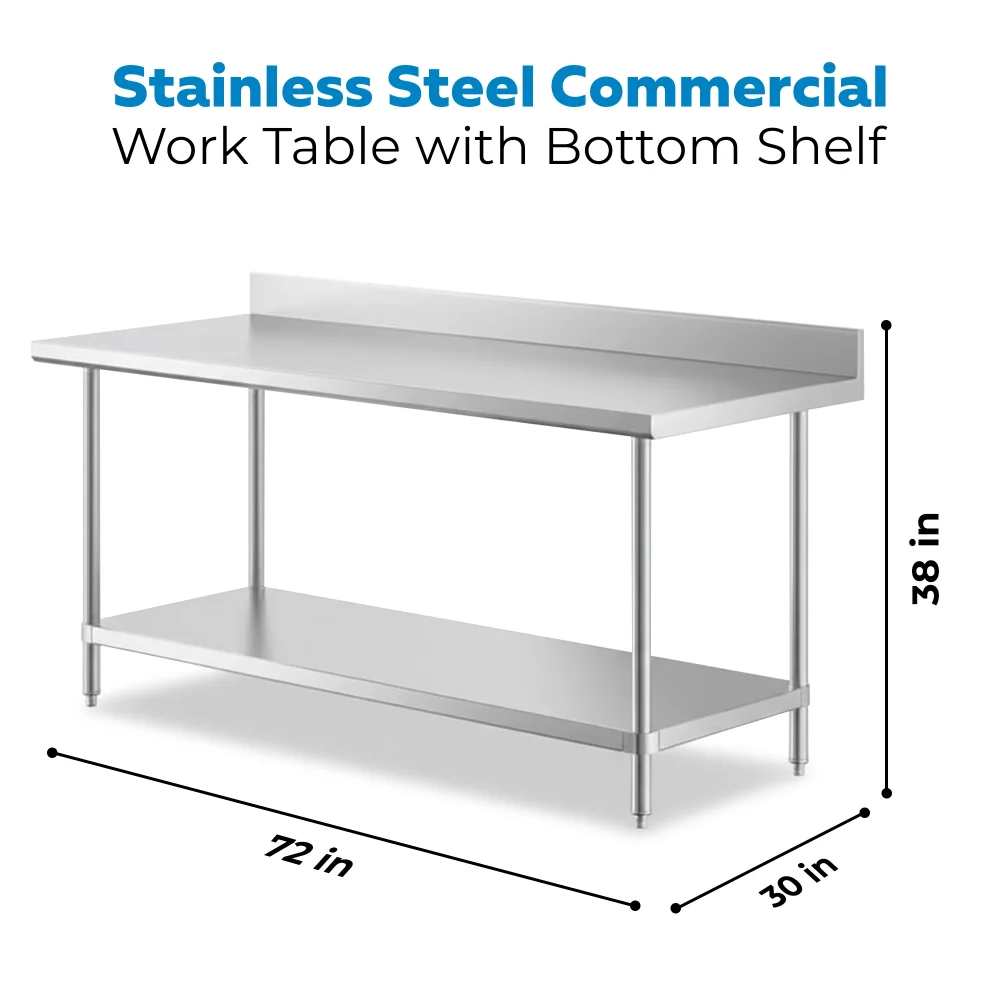 30" x 72" 16-Gauge Commercial Work Table with 4" Backsplash and Undershelf, 304 Stainless Steel