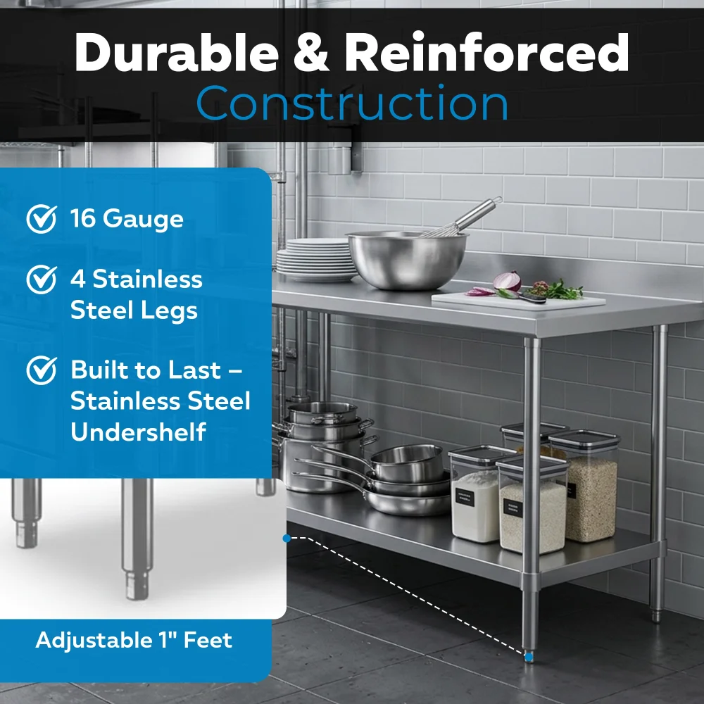 30" x 72" 16-Gauge Commercial Work Table with 4" Backsplash and Undershelf, 304 Stainless Steel