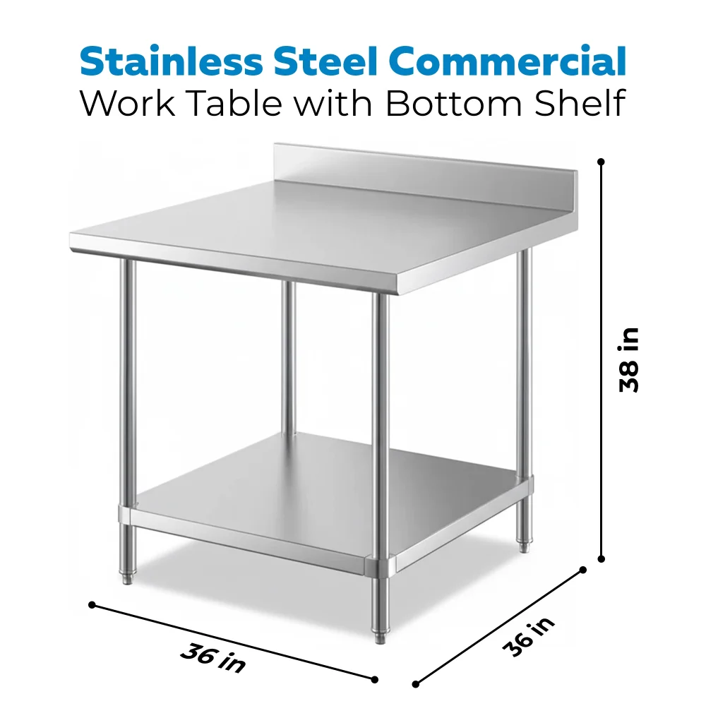 36" x 36" 16-Gauge Commercial Work Table with 4" Backsplash and Undershelf, 304 Stainless Steel