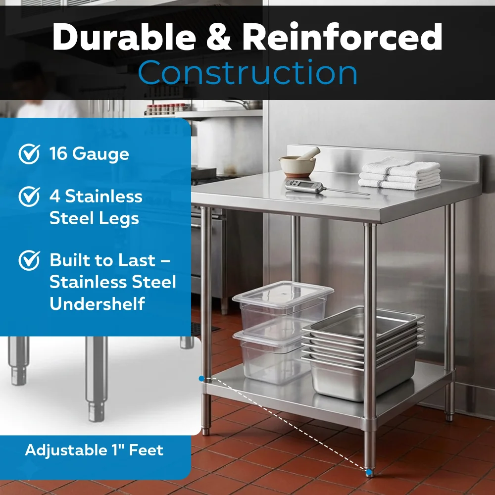 36" x 36" 16-Gauge Commercial Work Table with 4" Backsplash and Undershelf, 304 Stainless Steel