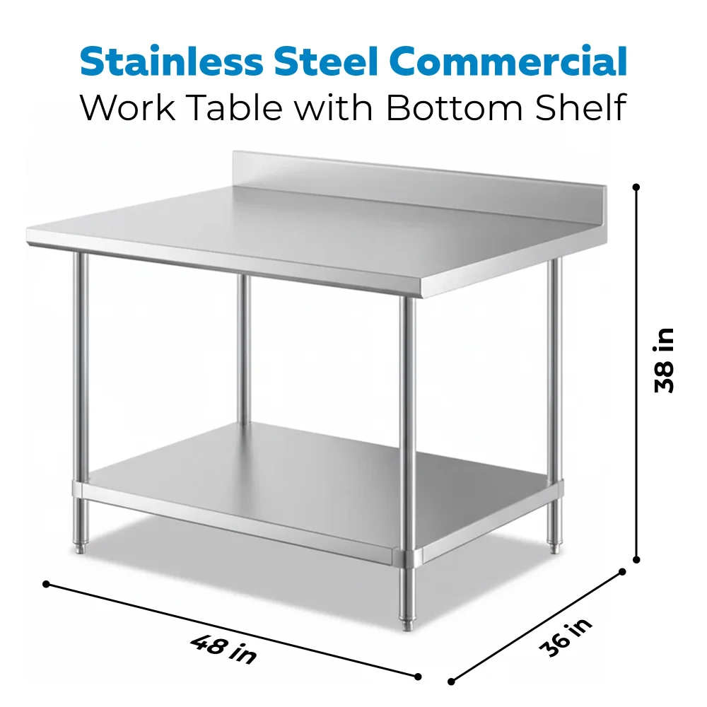 36" x 48" 16-Gauge Commercial Work Table with 4" Backsplash and Undershelf, 304 Stainless Steel