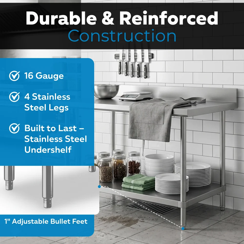 36" x 48" 16-Gauge Commercial Work Table with 4" Backsplash and Undershelf, 304 Stainless Steel