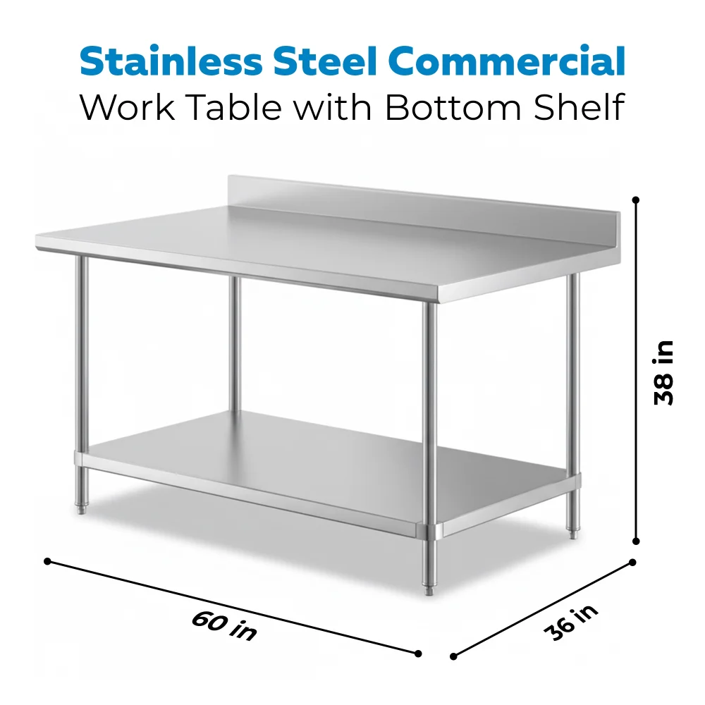 36" x 60" 16-Gauge Commercial Work Table with 4" Backsplash and Undershelf, 304 Stainless Steel
