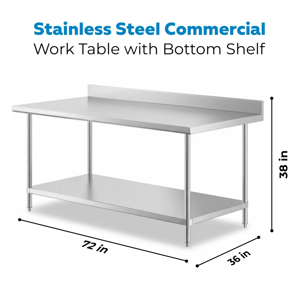 36" x 72" 16-Gauge Commercial Work Table with 4" Backsplash and Undershelf, 304 Stainless Steel