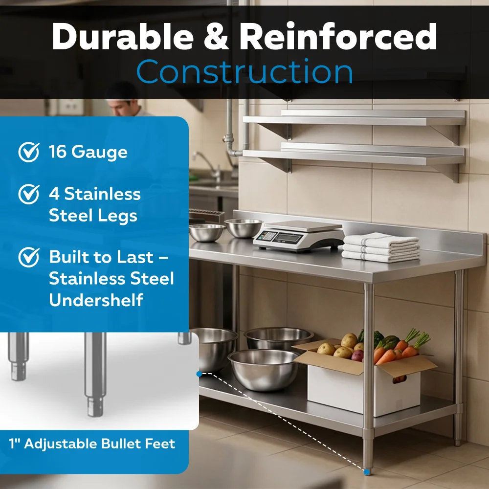 36" x 72" 16-Gauge Commercial Work Table with 4" Backsplash and Undershelf, 304 Stainless Steel