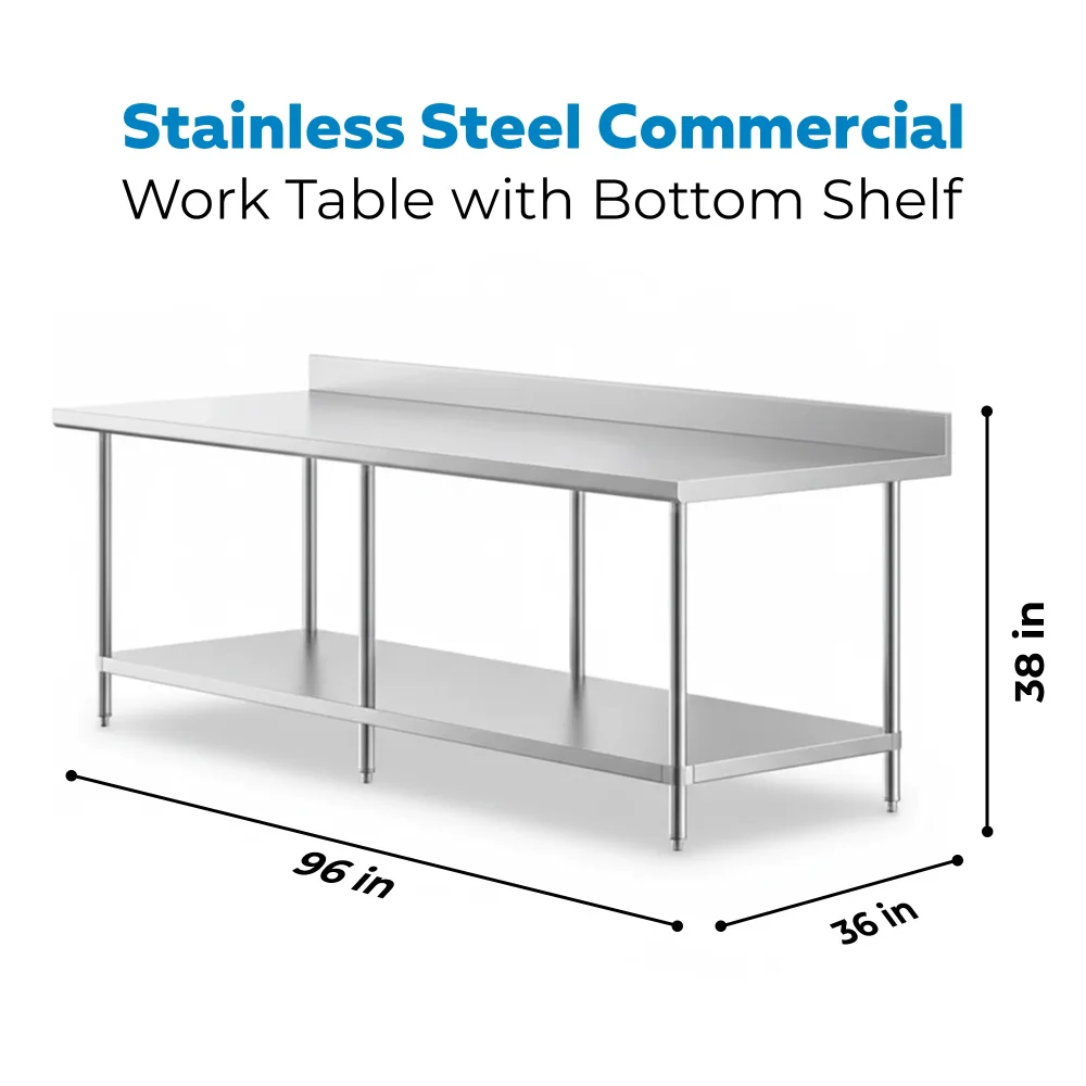 36" x 96" 16-Gauge Commercial Work Table with 4" Backsplash and Undershelf, 304 Stainless Steel
