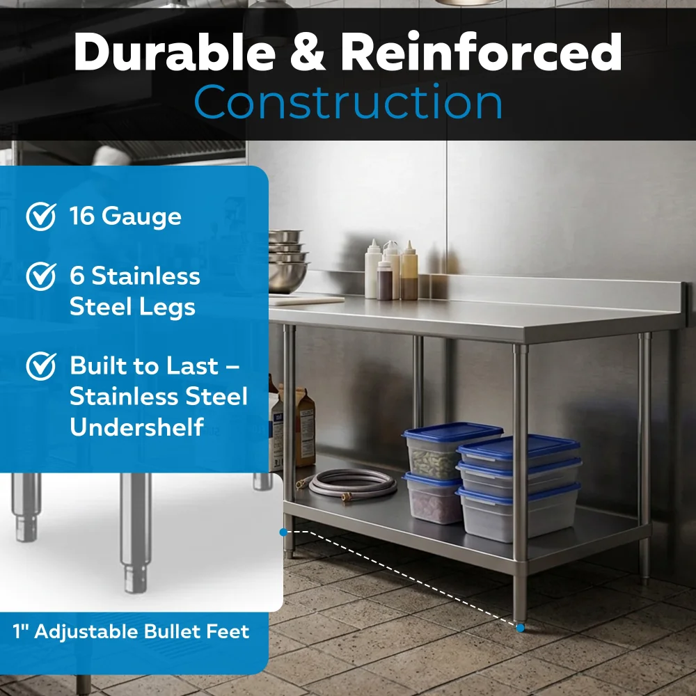 36" x 96" 16-Gauge Commercial Work Table with 4" Backsplash and Undershelf, 304 Stainless Steel