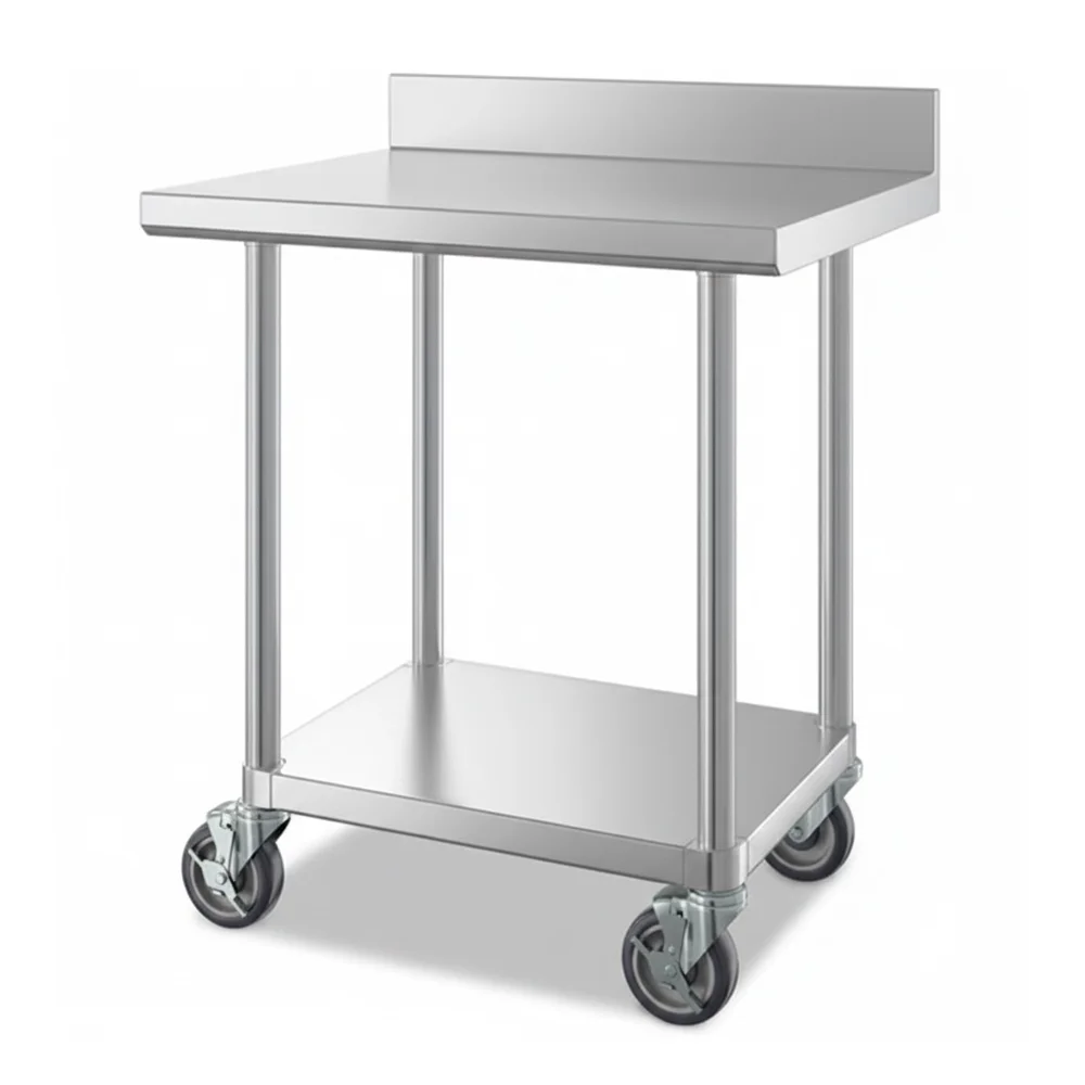 24" x 30" 16-Gauge Commercial Work Table with 4" Backsplash, Undershelf and Casters, 304 Stainless Steel