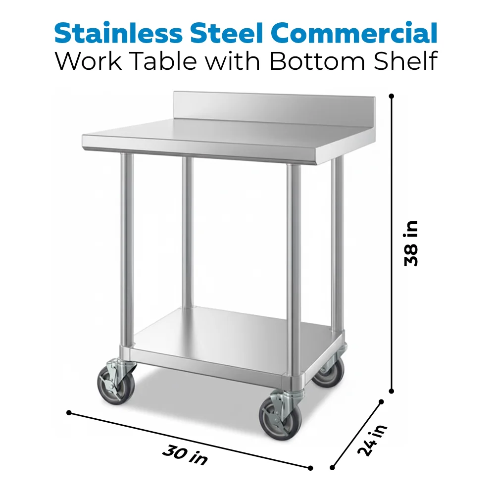 24" x 30" 16-Gauge Commercial Work Table with 4" Backsplash, Undershelf and Casters, 304 Stainless Steel