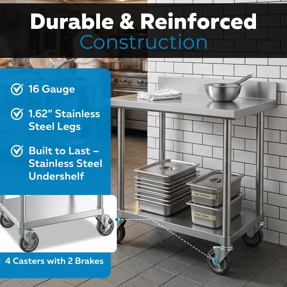 24" x 30" 16-Gauge Commercial Work Table with 4" Backsplash, Undershelf and Casters, 304 Stainless Steel