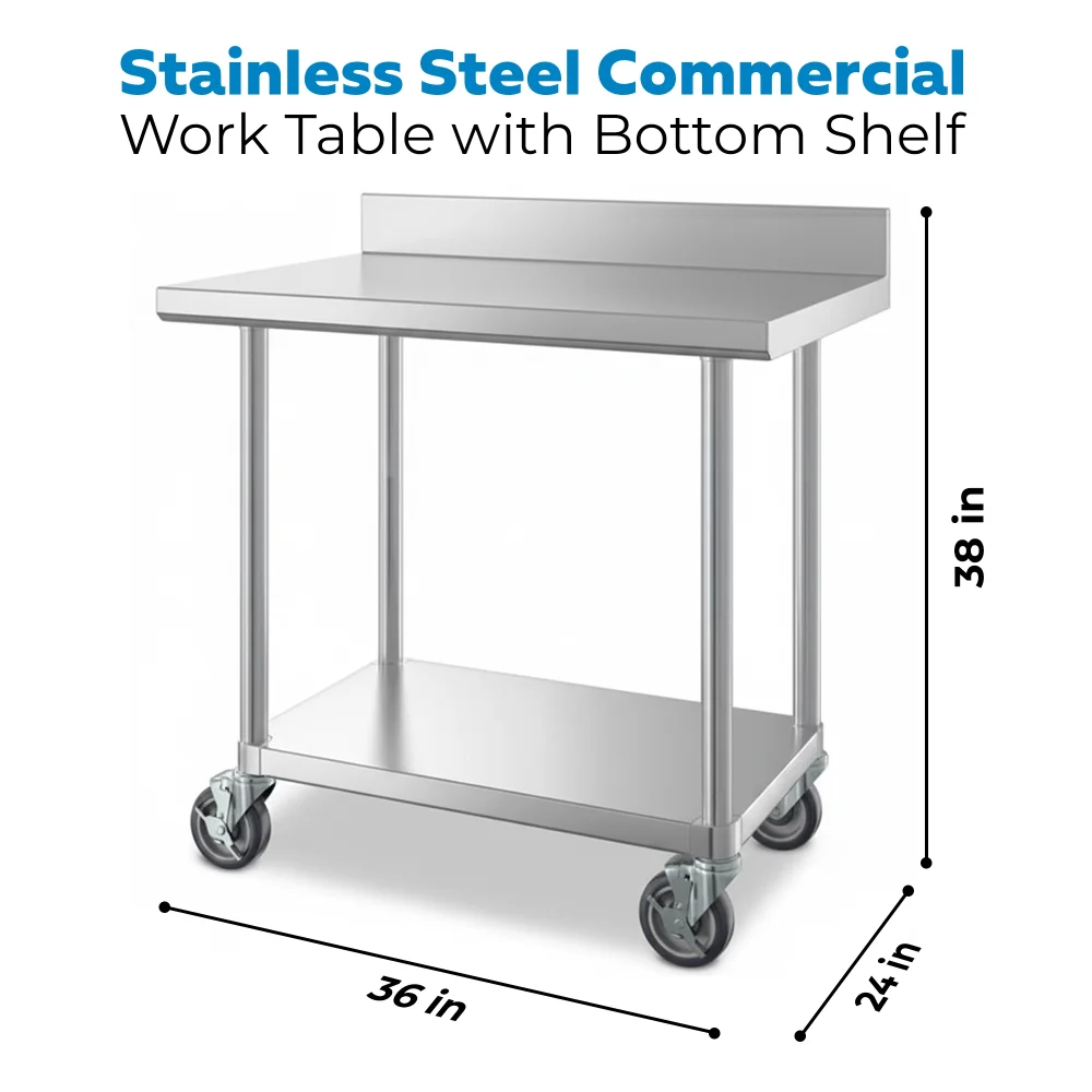 24" x 36" 16-Gauge Commercial Work Table with 4" Backsplash, Undershelf and Casters, 304 Stainless Steel