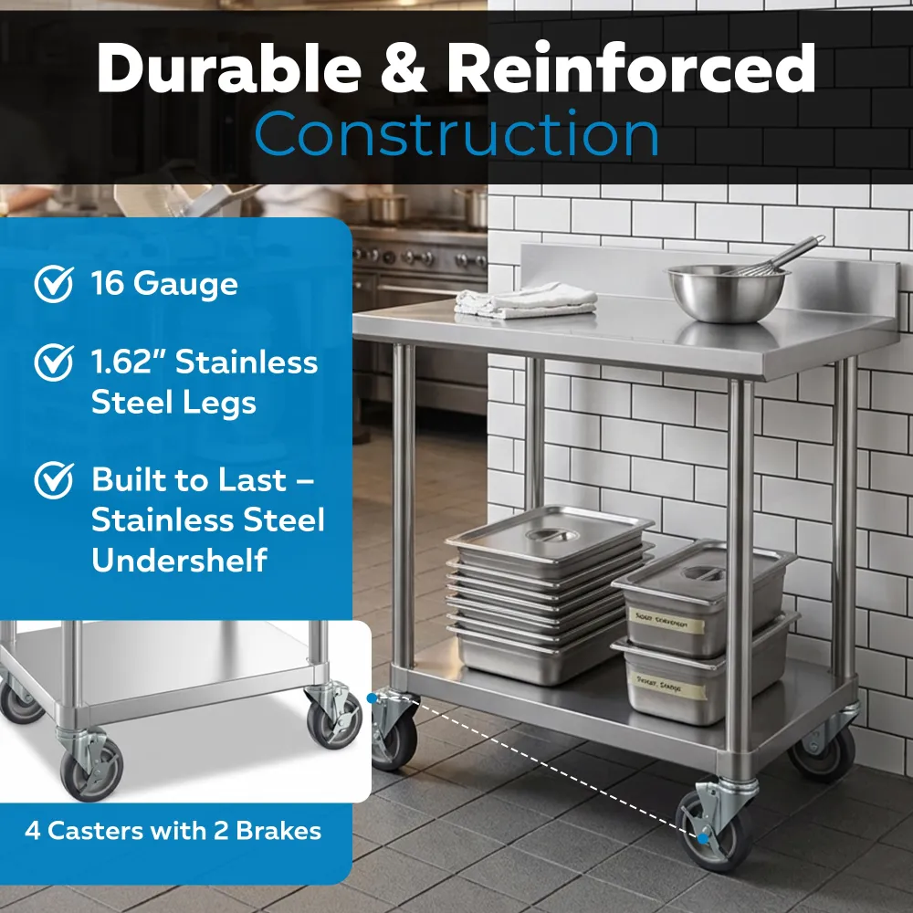 24" x 36" 16-Gauge Commercial Work Table with 4" Backsplash, Undershelf and Casters, 304 Stainless Steel