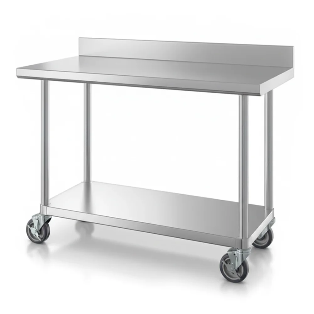24" x 48" 16-Gauge Commercial Work Table with 4" Backsplash, Undershelf and Casters, 304 Stainless Steel