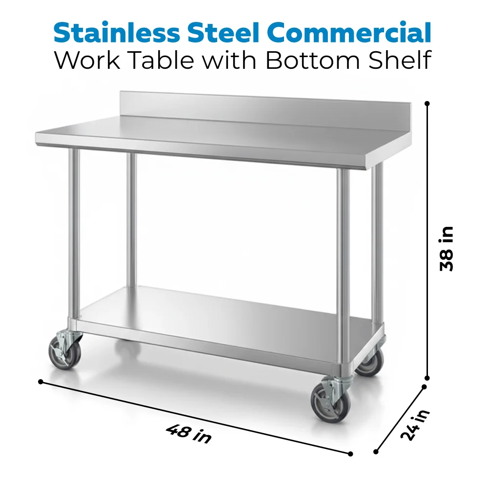 24" x 48" 16-Gauge Commercial Work Table with 4" Backsplash, Undershelf and Casters, 304 Stainless Steel