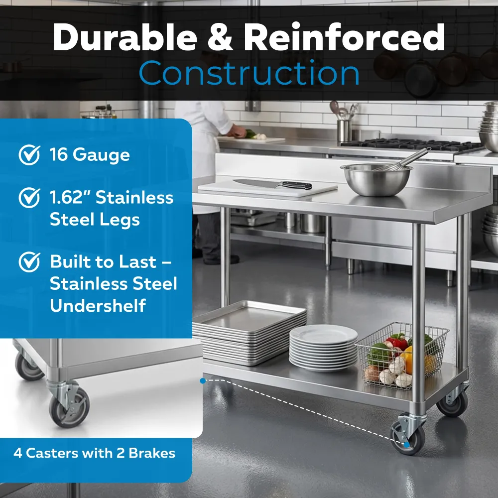 24" x 48" 16-Gauge Commercial Work Table with 4" Backsplash, Undershelf and Casters, 304 Stainless Steel
