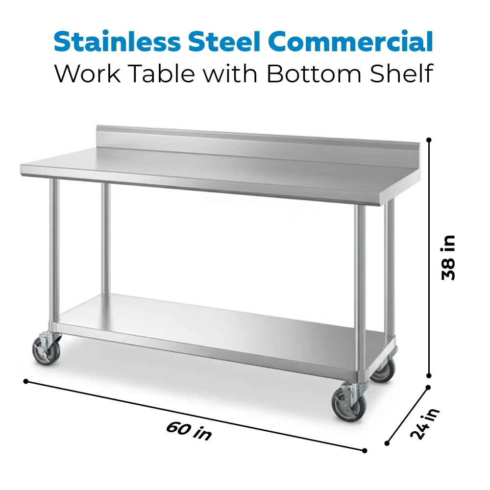 24" x 60" 16-Gauge Commercial Work Table with 4" Backsplash, Undershelf and Casters, 304 Stainless Steel