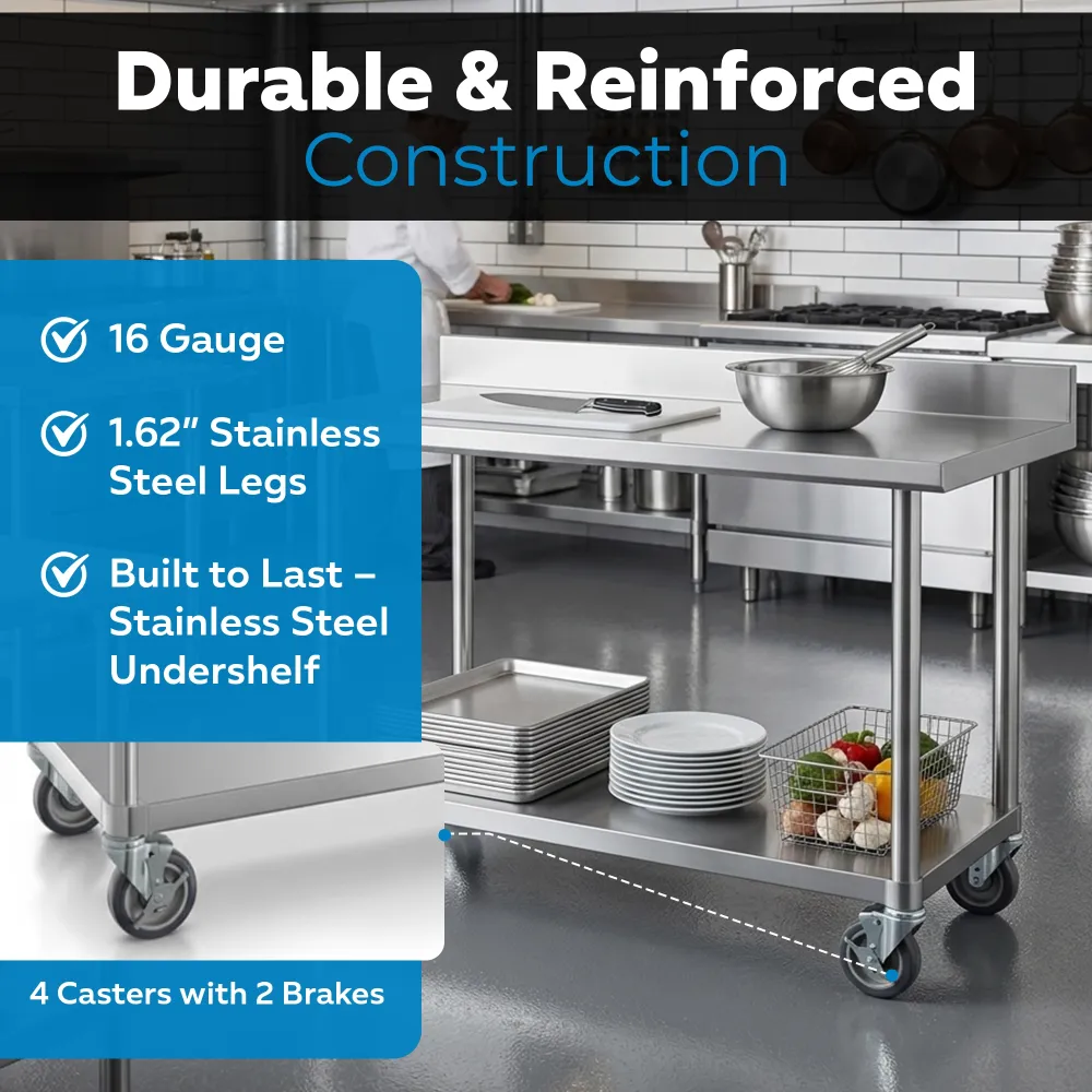 24" x 60" 16-Gauge Commercial Work Table with 4" Backsplash, Undershelf and Casters, 304 Stainless Steel