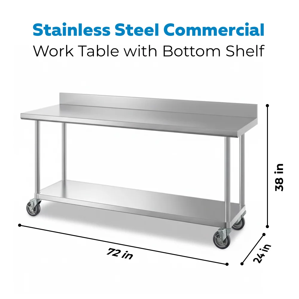 24" x 72" 16-Gauge Commercial Work Table with 4" Backsplash, Undershelf and Casters, 304 Stainless Steel