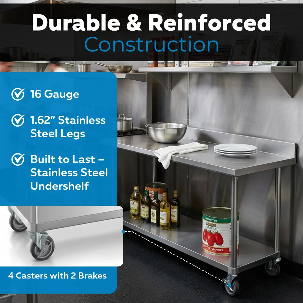24" x 72" 16-Gauge Commercial Work Table with 4" Backsplash, Undershelf and Casters, 304 Stainless Steel