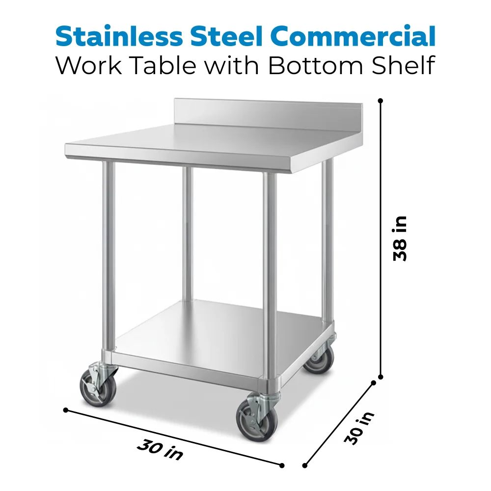 30" x 30" 16-Gauge Commercial Work Table with 4" Backsplash, Undershelf and Casters, 304 Stainless Steel