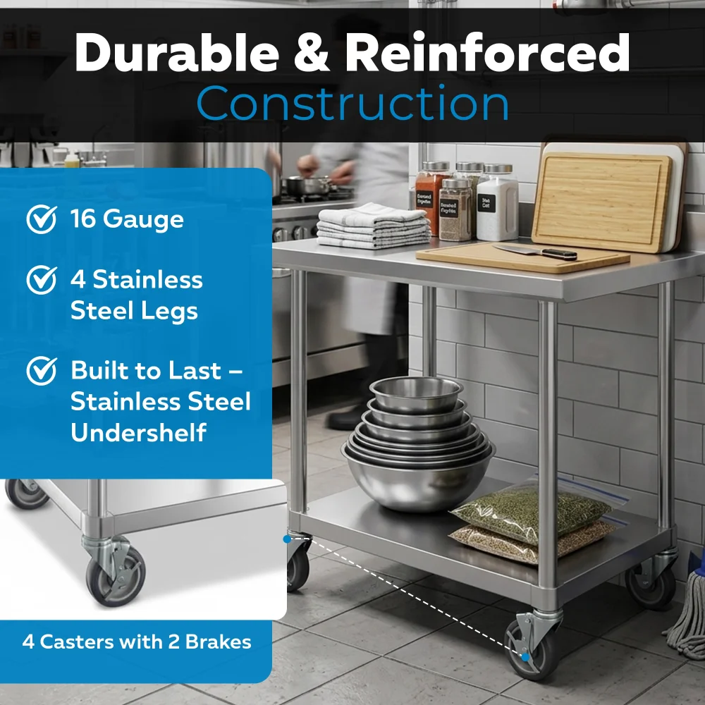30" x 30" 16-Gauge Commercial Work Table with 4" Backsplash, Undershelf and Casters, 304 Stainless Steel