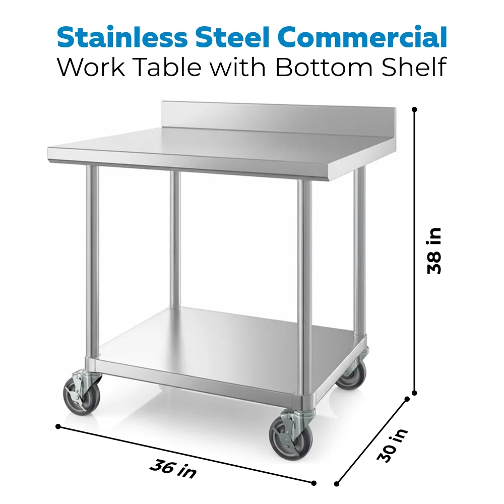 30" x 36" 16-Gauge Commercial Work Table with 4" Backsplash, Undershelf and Casters, 304 Stainless Steel