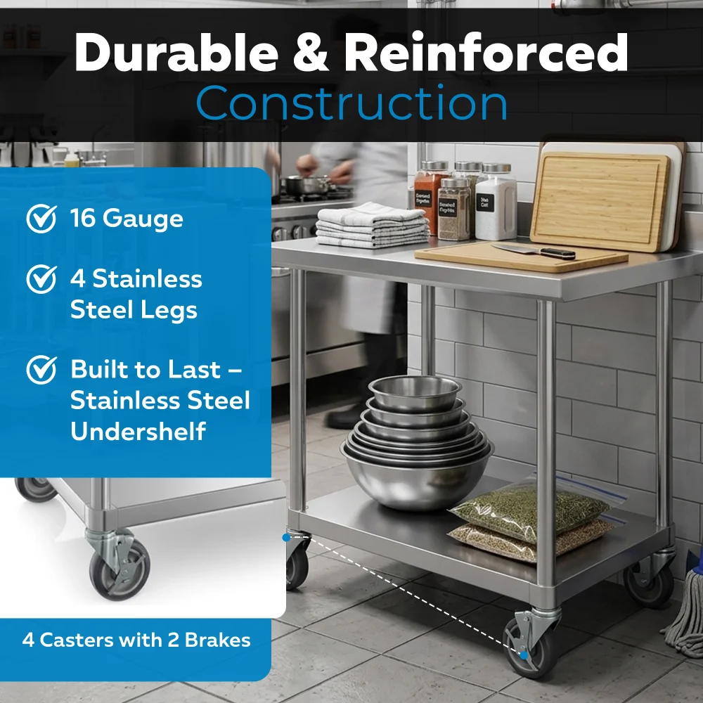 30" x 36" 16-Gauge Commercial Work Table with 4" Backsplash, Undershelf and Casters, 304 Stainless Steel