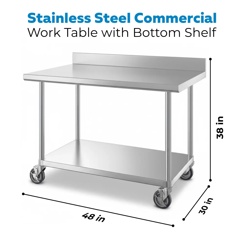 30" x 48" 16-Gauge Commercial Work Table with 4" Backsplash, Undershelf and Casters, 304 Stainless Steel