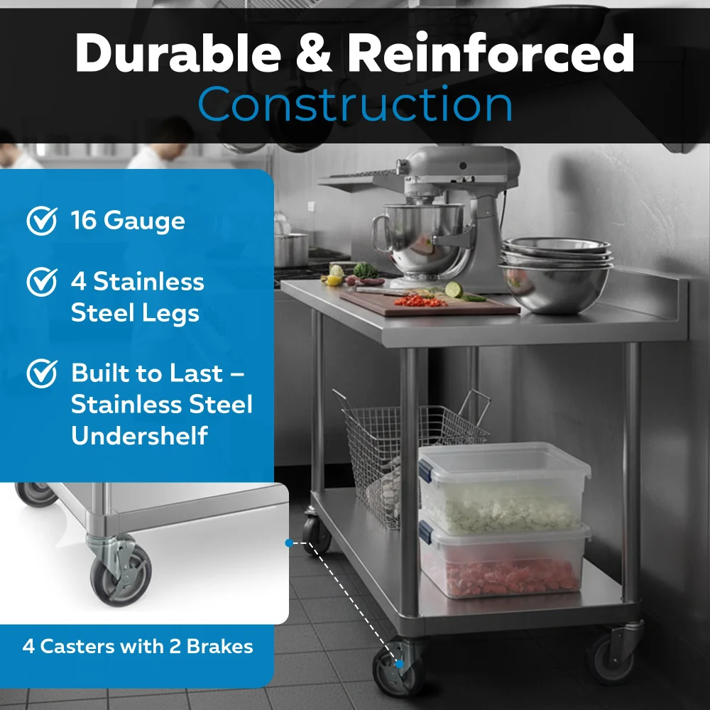 30" x 48" 16-Gauge Commercial Work Table with 4" Backsplash, Undershelf and Casters, 304 Stainless Steel