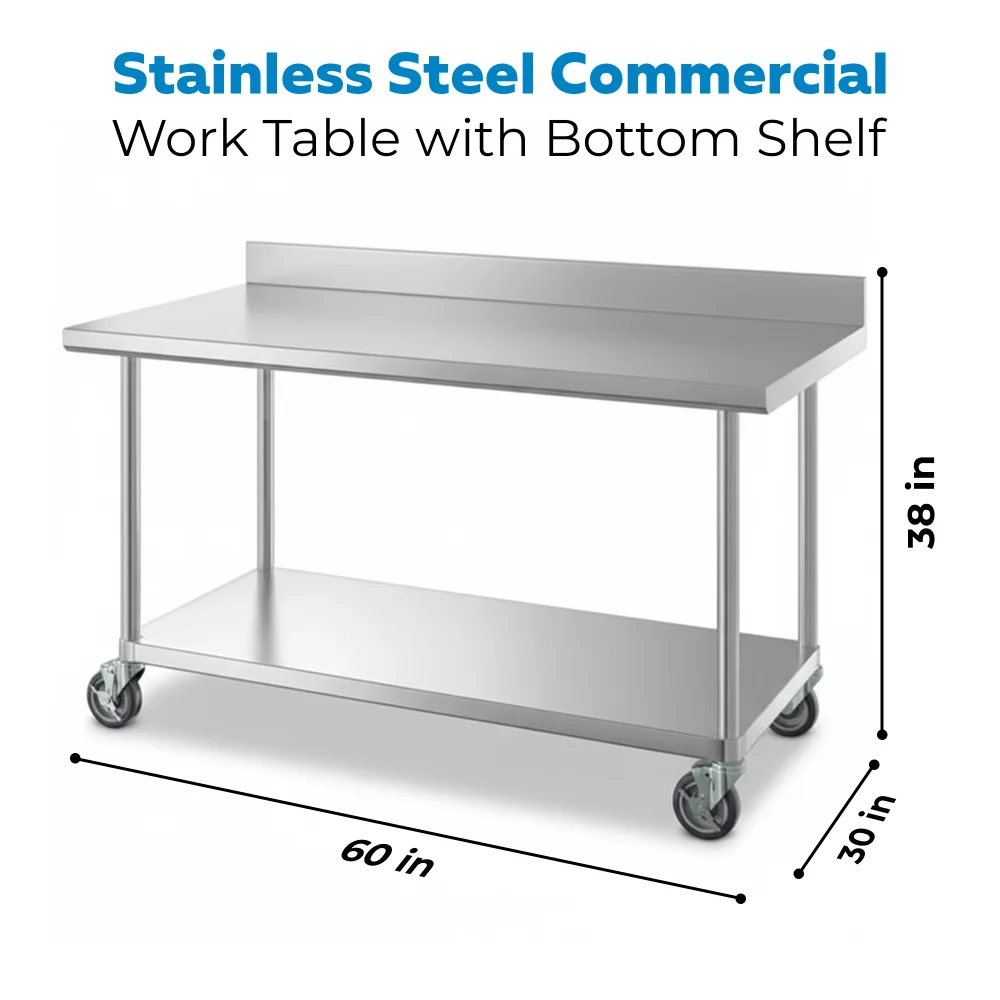30" x 60" 16-Gauge Commercial Work Table with 4" Backsplash, Undershelf and Casters, 304 Stainless Steel