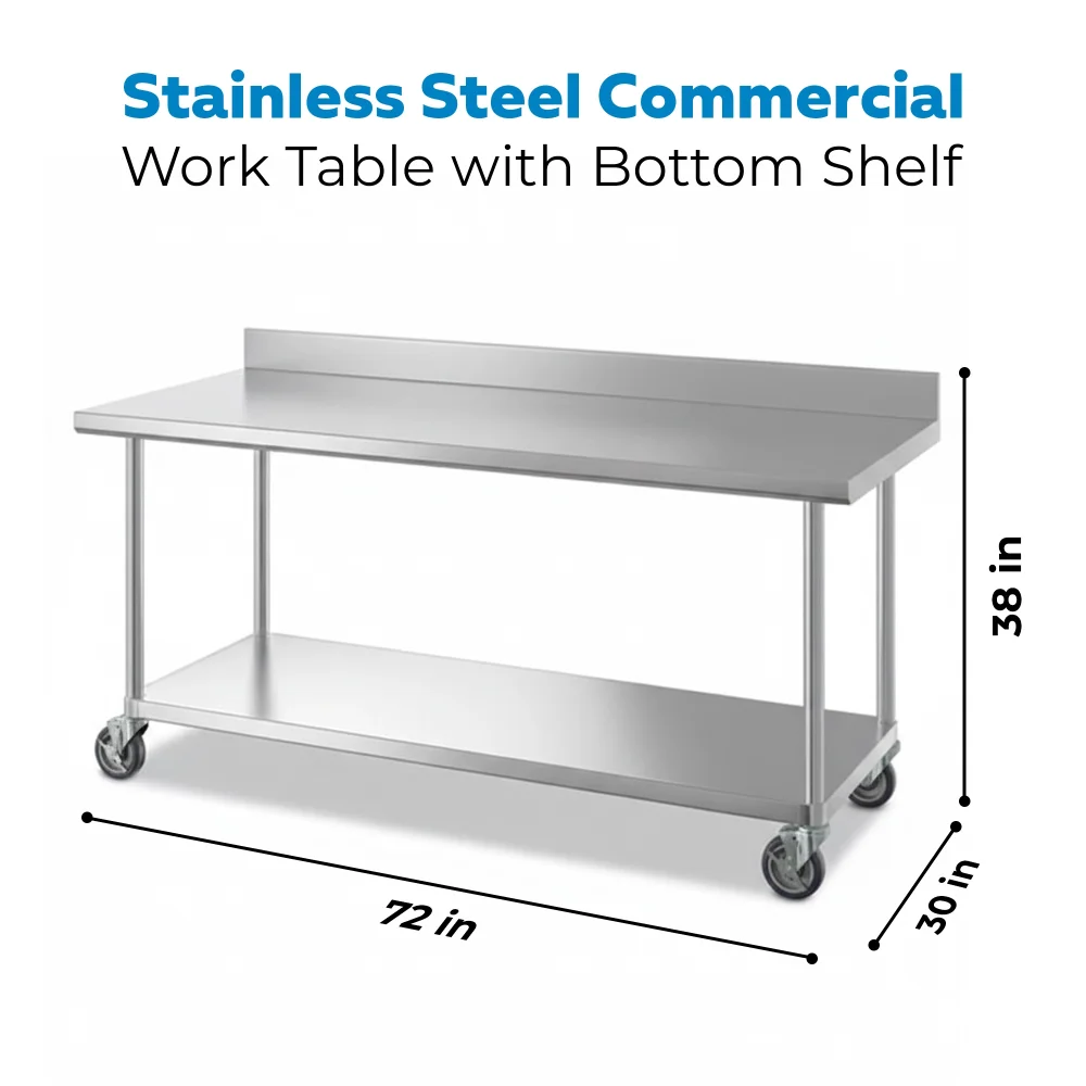 30" x 72" 16-Gauge Commercial Work Table with 4" Backsplash, Undershelf and Casters, 304 Stainless Steel