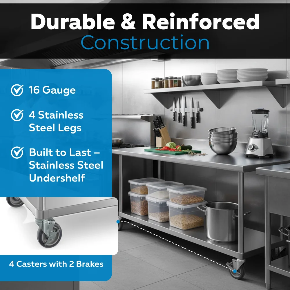 30" x 72" 16-Gauge Commercial Work Table with 4" Backsplash, Undershelf and Casters, 304 Stainless Steel