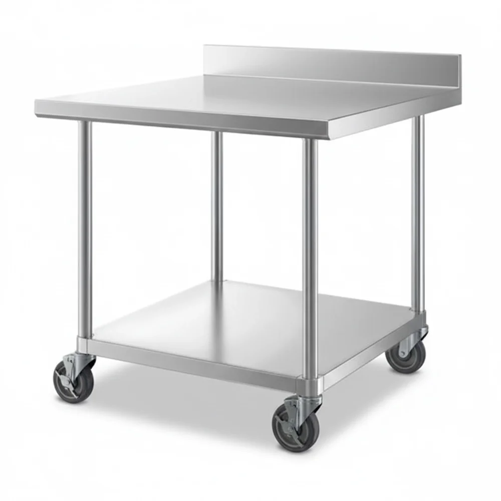 36" x 36" 16-Gauge Commercial Work Table with 4" Backsplash, Undershelf and Casters, 304 Stainless Steel