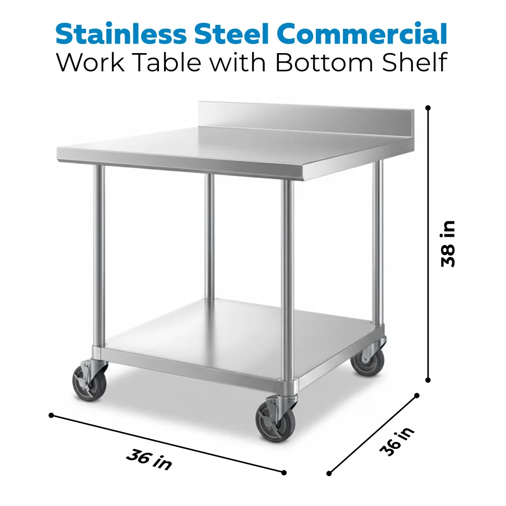 36" x 36" 16-Gauge Commercial Work Table with 4" Backsplash, Undershelf and Casters, 304 Stainless Steel