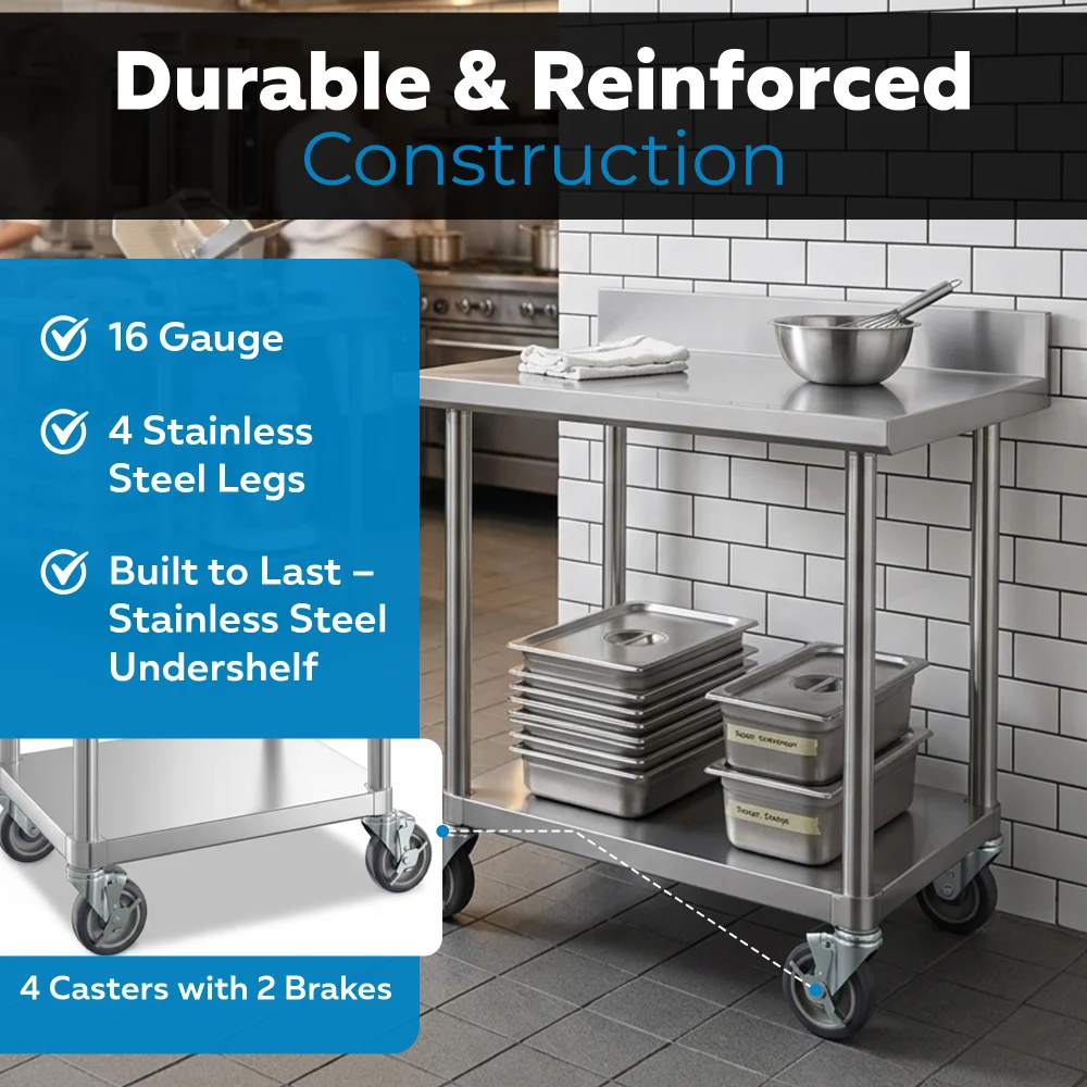 36" x 36" 16-Gauge Commercial Work Table with 4" Backsplash, Undershelf and Casters, 304 Stainless Steel