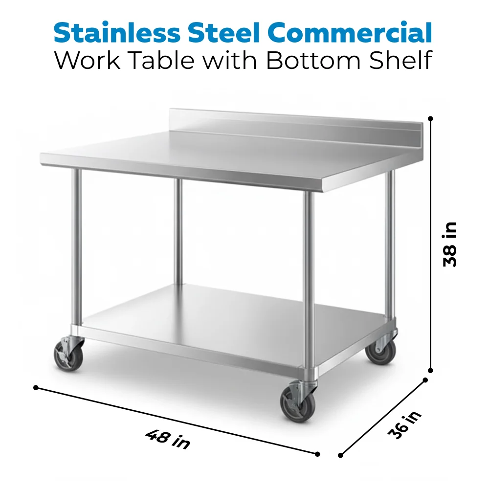 36" x 48" 16-Gauge Commercial Work Table with 4" Backsplash, Undershelf and Casters, 304 Stainless Steel