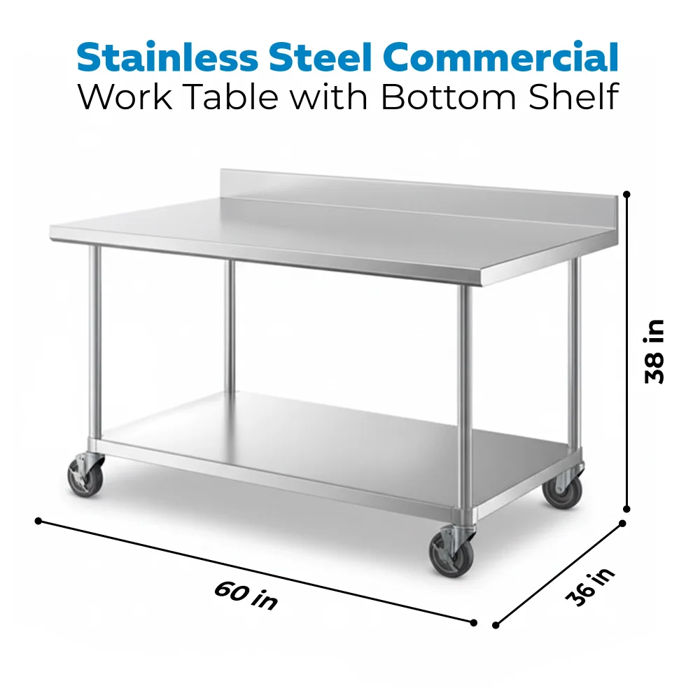 36" x 60" 16-Gauge Commercial Work Table with 4" Backsplash, Undershelf and Casters, 304 Stainless Steel