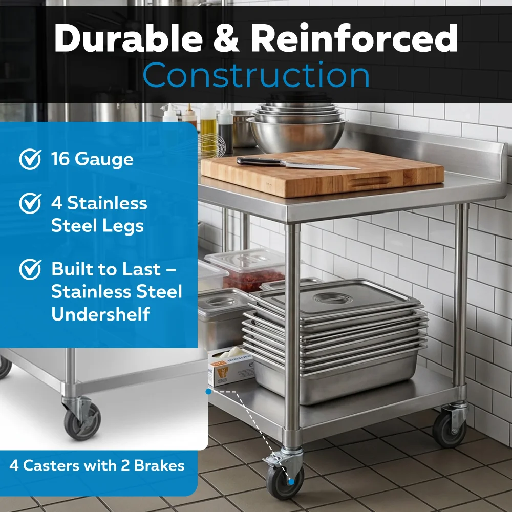 36" x 60" 16-Gauge Commercial Work Table with 4" Backsplash, Undershelf and Casters, 304 Stainless Steel