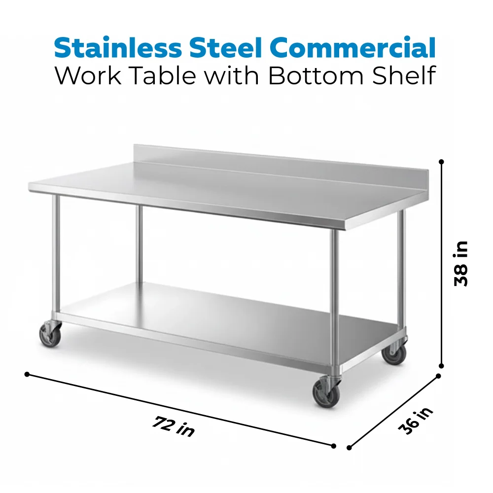 36" x 72" 16-Gauge Commercial Work Table with 4" Backsplash, Undershelf and Casters, 304 Stainless Steel